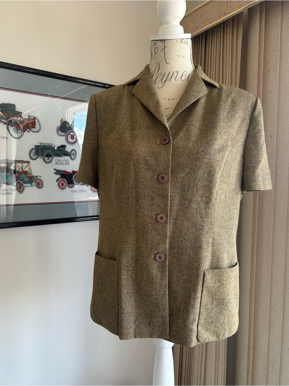 Women's Short-Sleeve Olive Tweed Button Jacket